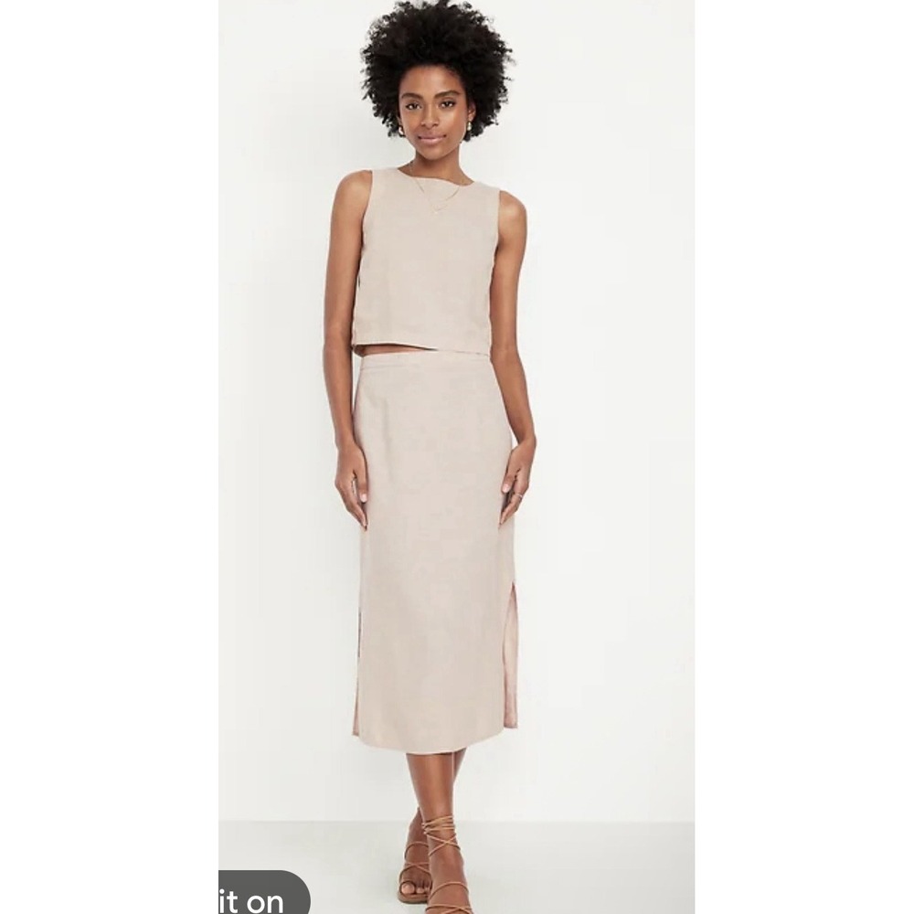 Old Navy Linen-Blend Side-Slit Midi Skirt Beige Oatmeal XXL Minimalist Lagenlook